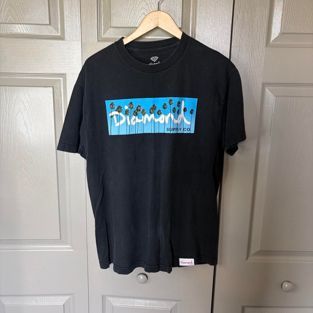 Diamond Supply Co Mens Black Palm Tree Graphic Skater T-Shirt Large Y2K Style